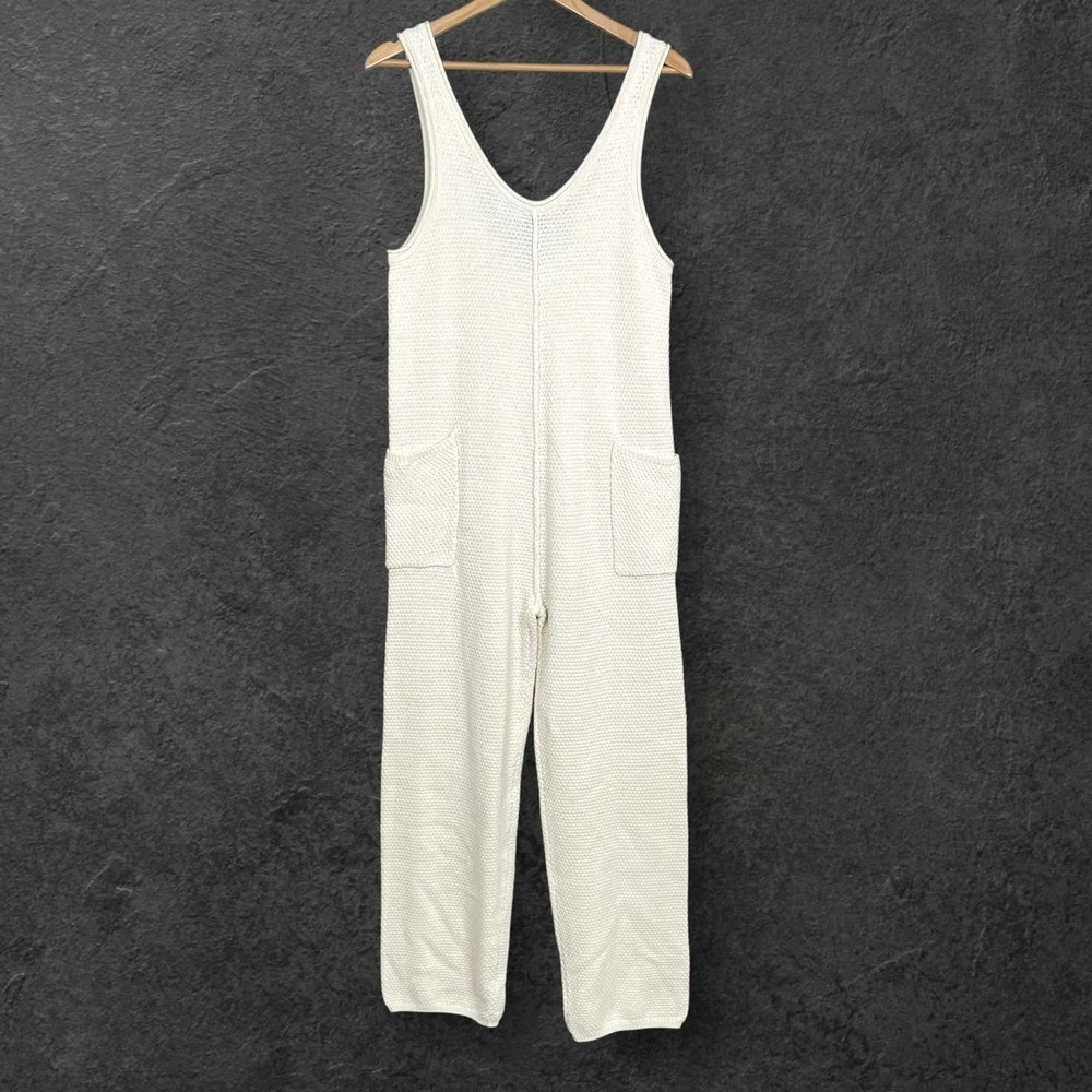 Boho Utility Cream Wide Leg Knit Jumpsuit Women S Pockets Minimalist Casual NWOT